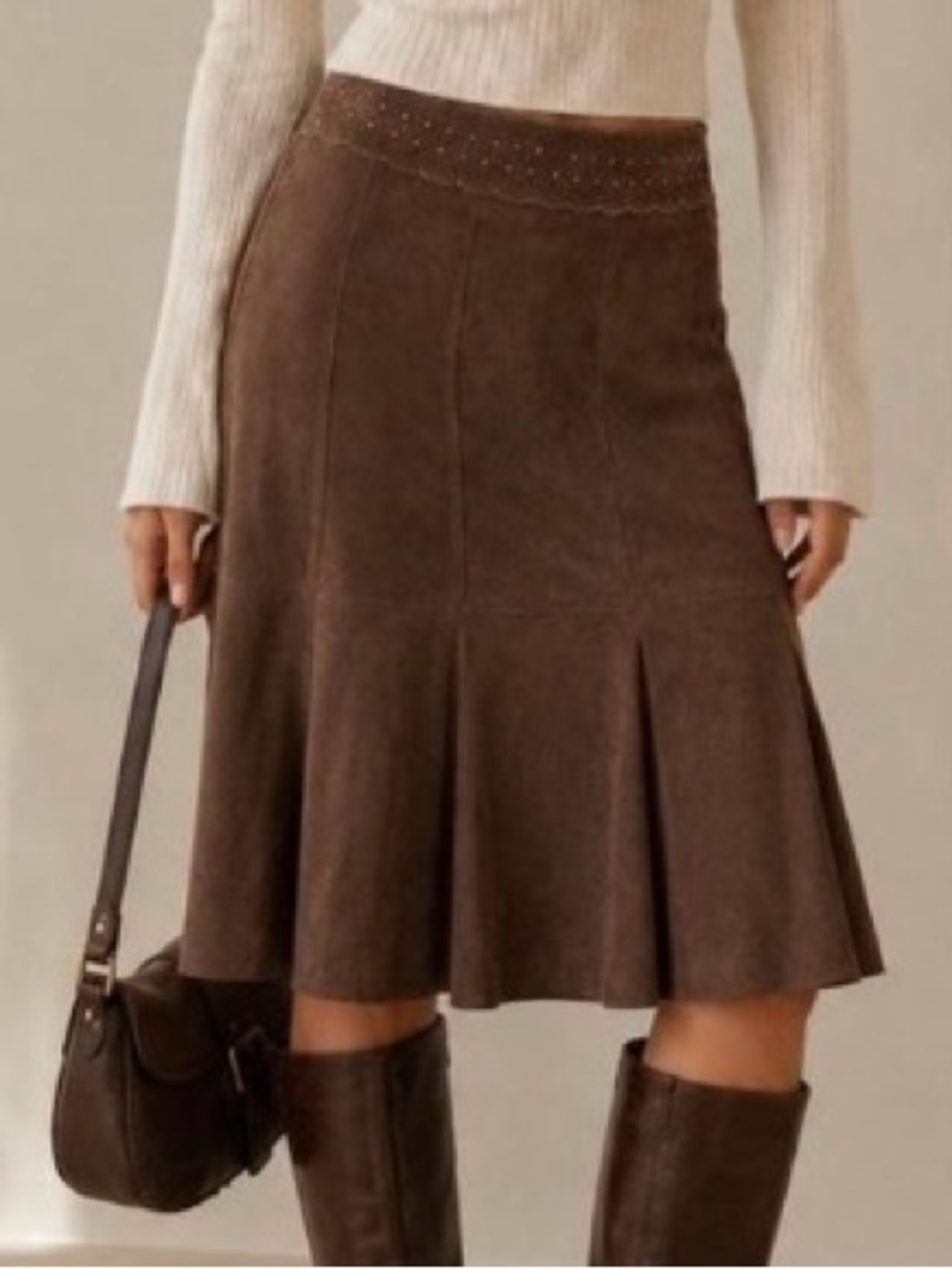 CAbi Chocolate Brown Suede Leather Trumpet Skirt Scalloped Studded Boho New 8